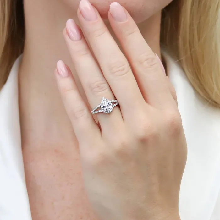 BERRICLE Rings Halo Wishbone Pear CZ Split Shank Ring Set in Sterling Silver