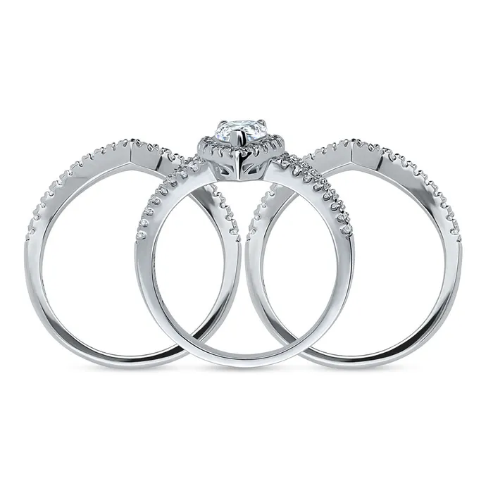 BERRICLE Rings Halo Wishbone Pear CZ Split Shank Ring Set in Sterling Silver
