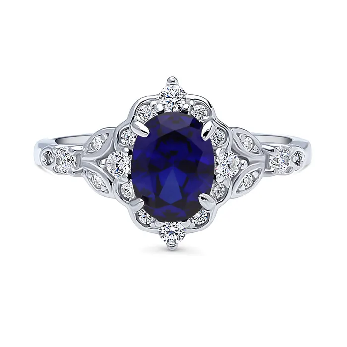 Halo Art Deco Simulated Blue Sapphire CZ Ring in Sterling Silver BERRICLE Rings Halo Art Deco Simulated Blue Sapphire CZ Ring in Sterling Silver BERRICLE Rings
