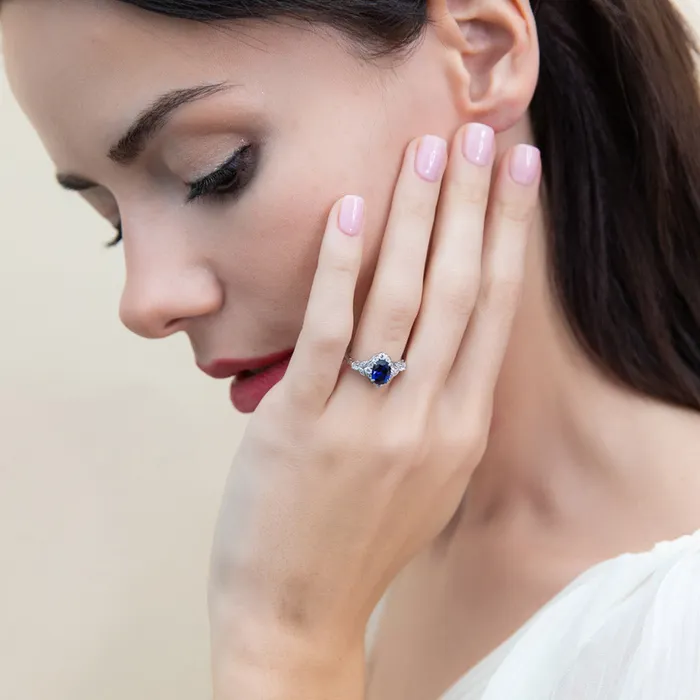 Halo Art Deco Simulated Blue Sapphire CZ Ring in Sterling Silver BERRICLE Rings