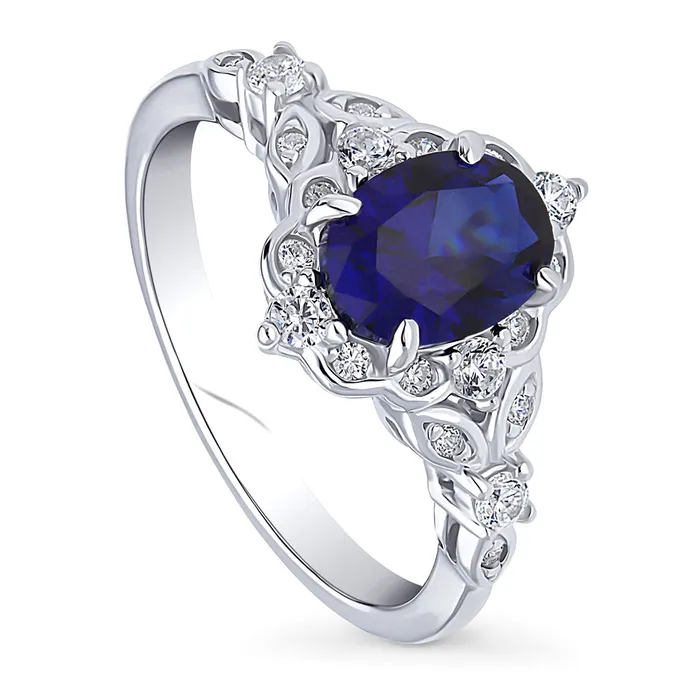 Halo Art Deco Simulated Blue Sapphire CZ Ring in Sterling Silver BERRICLE Rings