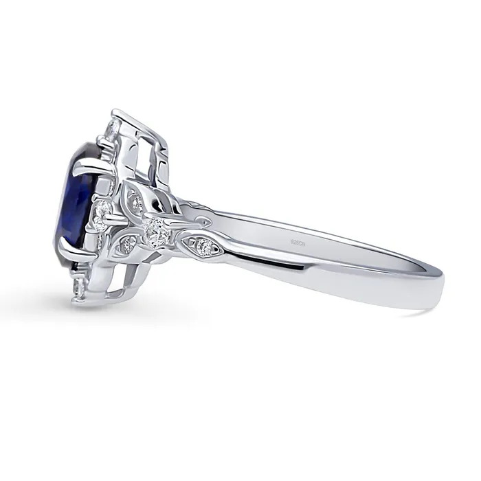 Halo Art Deco Simulated Blue Sapphire CZ Ring in Sterling Silver BERRICLE Rings