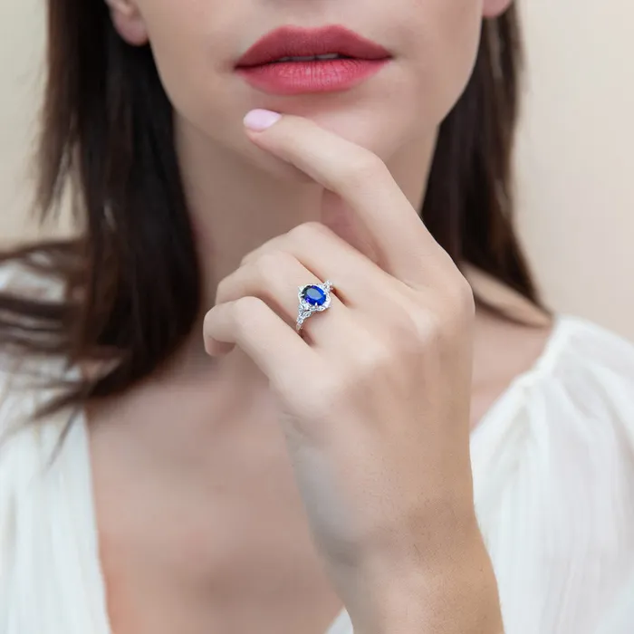 Halo Art Deco Simulated Blue Sapphire CZ Ring in Sterling Silver BERRICLE Rings