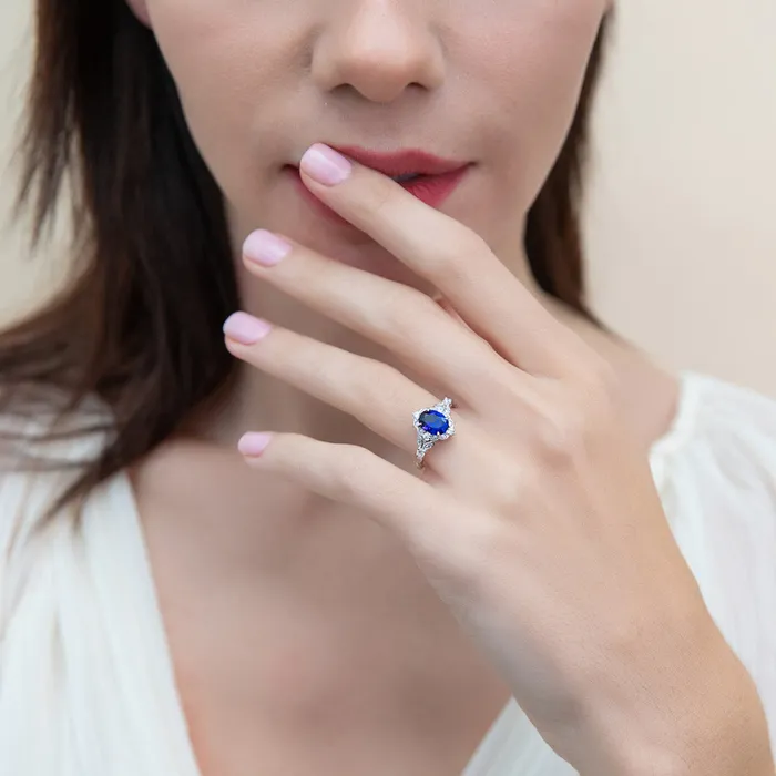 Halo Art Deco Simulated Blue Sapphire CZ Ring in Sterling Silver BERRICLE Rings