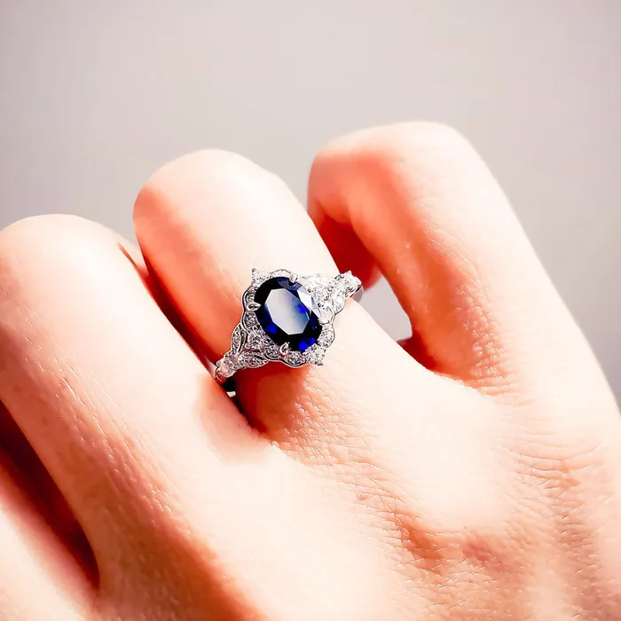 Halo Art Deco Simulated Blue Sapphire CZ Ring in Sterling Silver BERRICLE Rings
