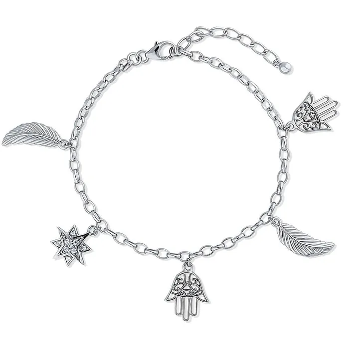 Hamsa Hand Feather CZ Charm Bracelet in Sterling Silver BERRICLE Bracelets