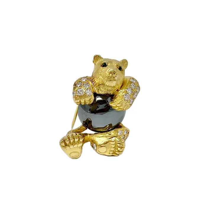 Jewelry PreStyled Sets 18K Gold Teddy Bear Pin with 60 Diamonds and Round Hematite