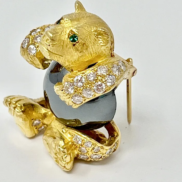 Jewelry PreStyled Sets 18K Gold Teddy Bear Pin with 60 Diamonds and Round Hematite