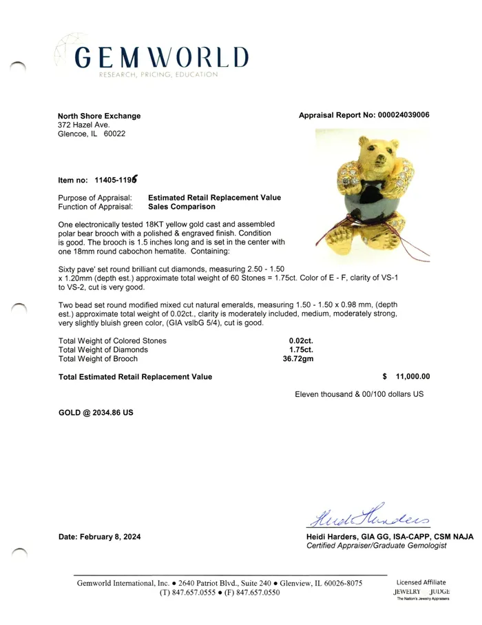 Jewelry PreStyled Sets 18K Gold Teddy Bear Pin with 60 Diamonds and Round Hematite