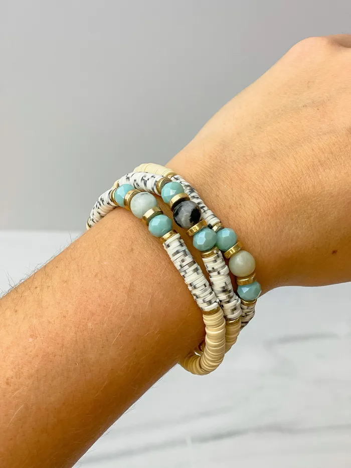 Prep Obsesed JJ Bracelets Spotted Rubber Disc Beaded Stretch Bracelet Stack Mint Prep Obsesed JJ Bracelets Spotted Rubber Disc Beaded Stretch Bracelet Stack Mint