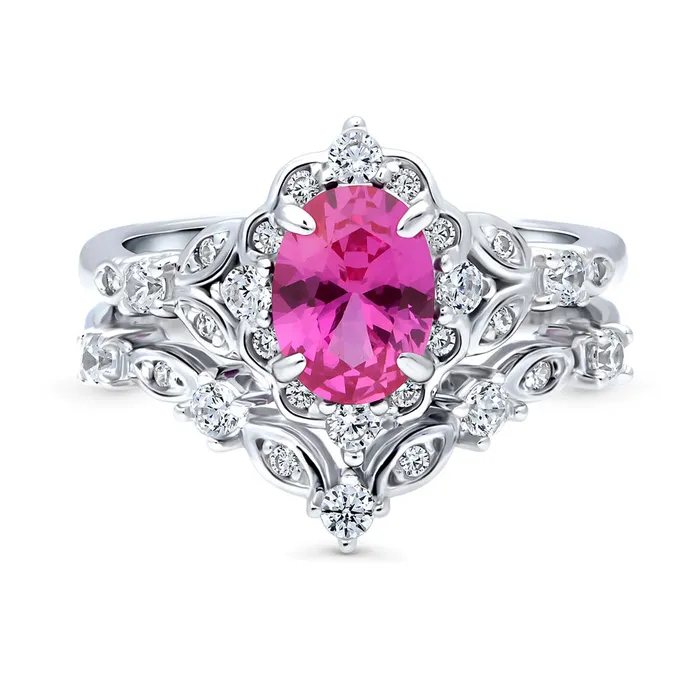 Rings BERRICLE Halo Wishbone Pink Oval CZ Ring Set in Sterling Silver