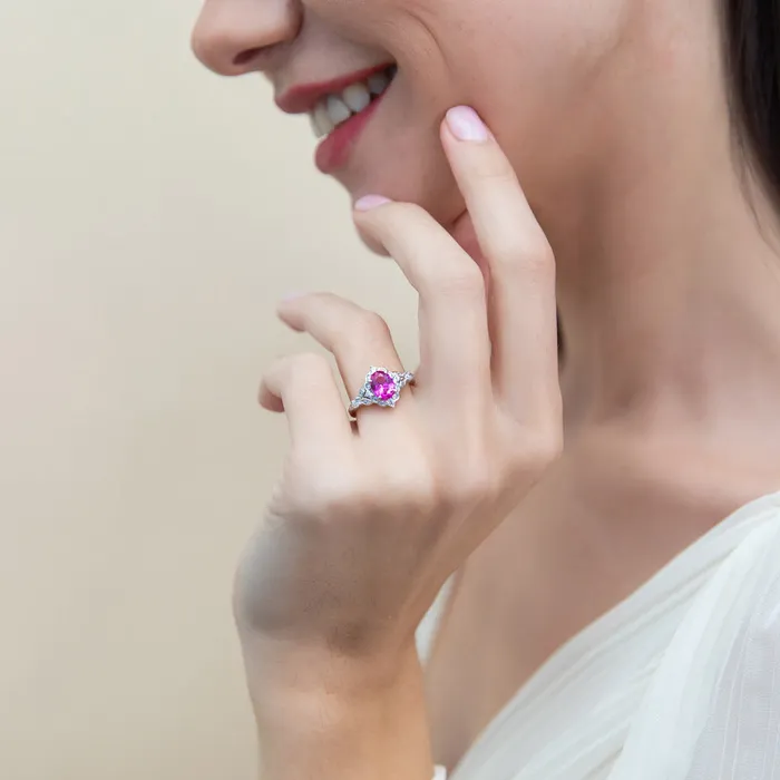 Rings BERRICLE Halo Wishbone Pink Oval CZ Ring Set in Sterling Silver