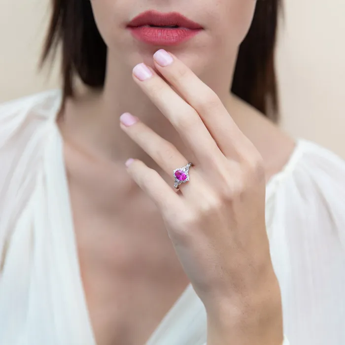 Rings BERRICLE Halo Wishbone Pink Oval CZ Ring Set in Sterling Silver