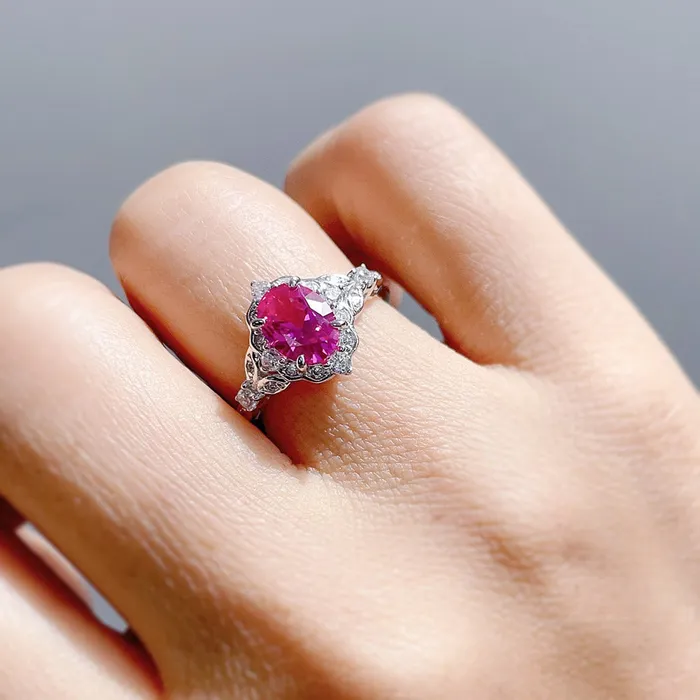 Rings BERRICLE Halo Wishbone Pink Oval CZ Ring Set in Sterling Silver