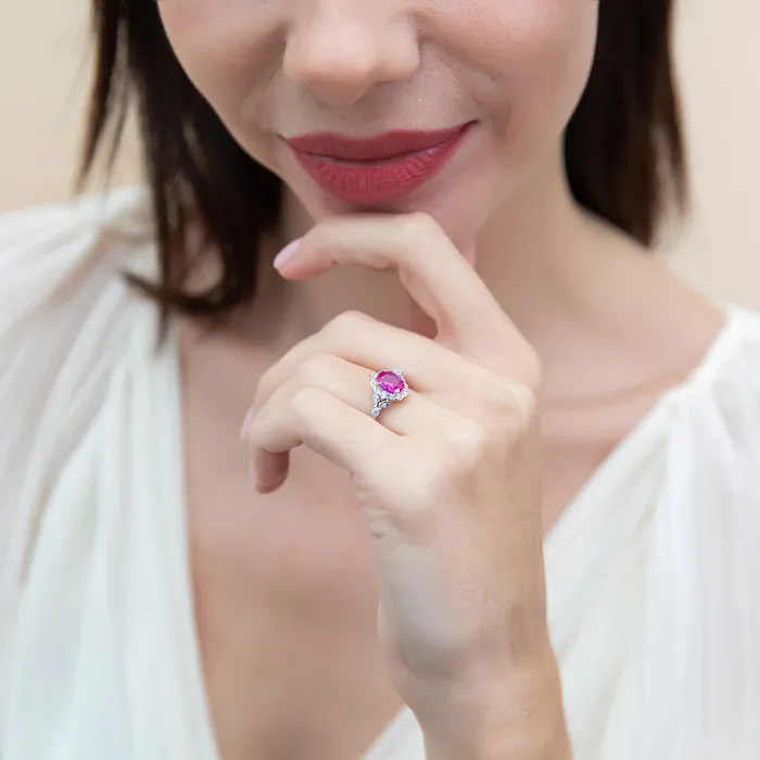 Rings BERRICLE Halo Wishbone Pink Oval CZ Ring Set in Sterling Silver