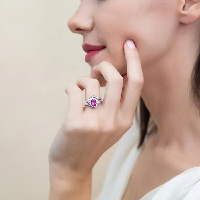 Rings BERRICLE Halo Wishbone Pink Oval CZ Ring Set in Sterling Silver