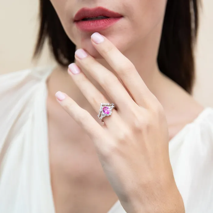 Rings BERRICLE Halo Wishbone Pink Oval CZ Ring Set in Sterling Silver