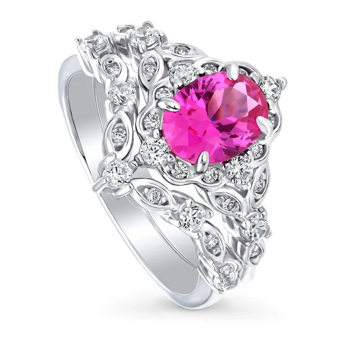 Rings BERRICLE Halo Wishbone Pink Oval CZ Ring Set in Sterling Silver