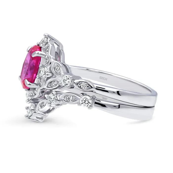 Rings BERRICLE Halo Wishbone Pink Oval CZ Ring Set in Sterling Silver