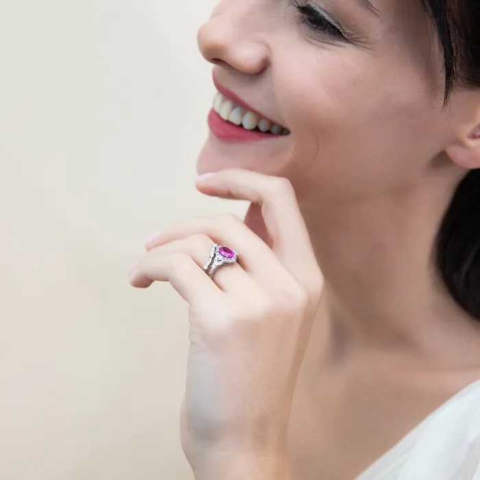 Rings BERRICLE Halo Wishbone Pink Oval CZ Ring Set in Sterling Silver