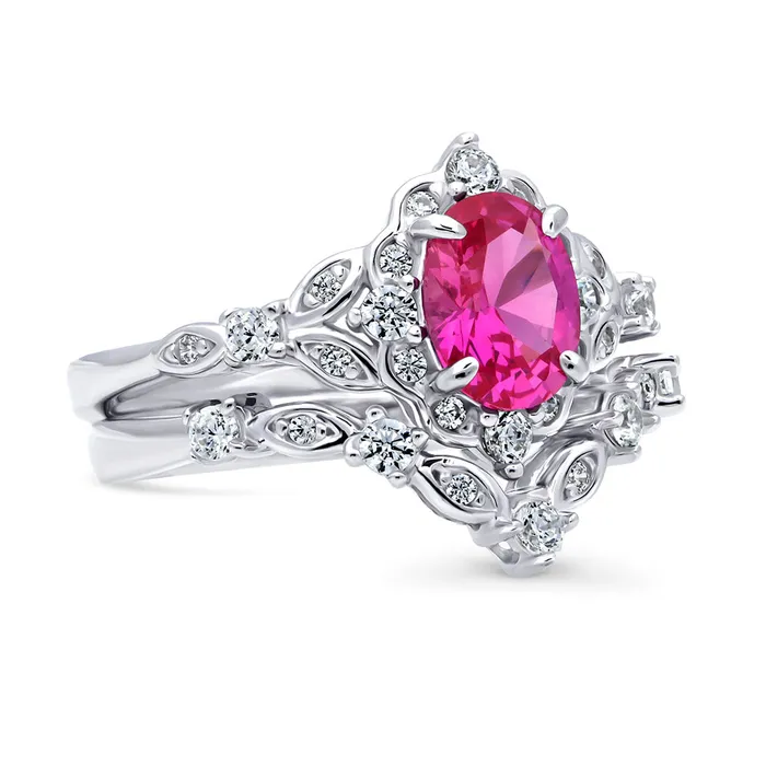 Rings BERRICLE Halo Wishbone Pink Oval CZ Ring Set in Sterling Silver