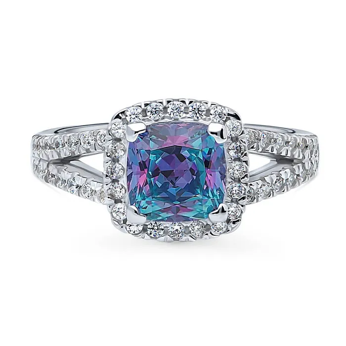Rings Halo Purple Aqua Cushion CZ Split Shank Ring in Sterling Silver BERRICLE