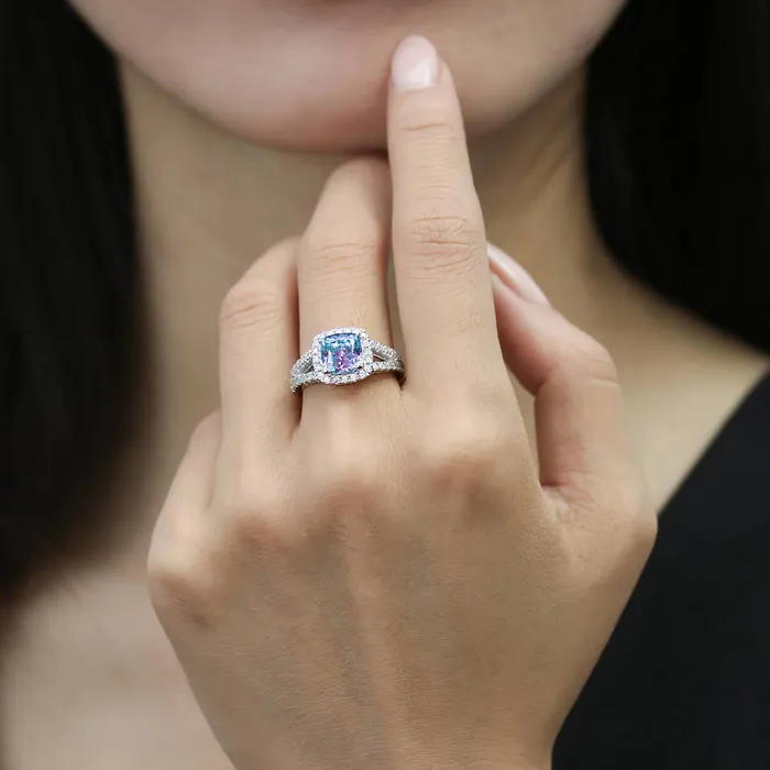 Rings Halo Purple Aqua Cushion CZ Split Shank Ring in Sterling Silver BERRICLE