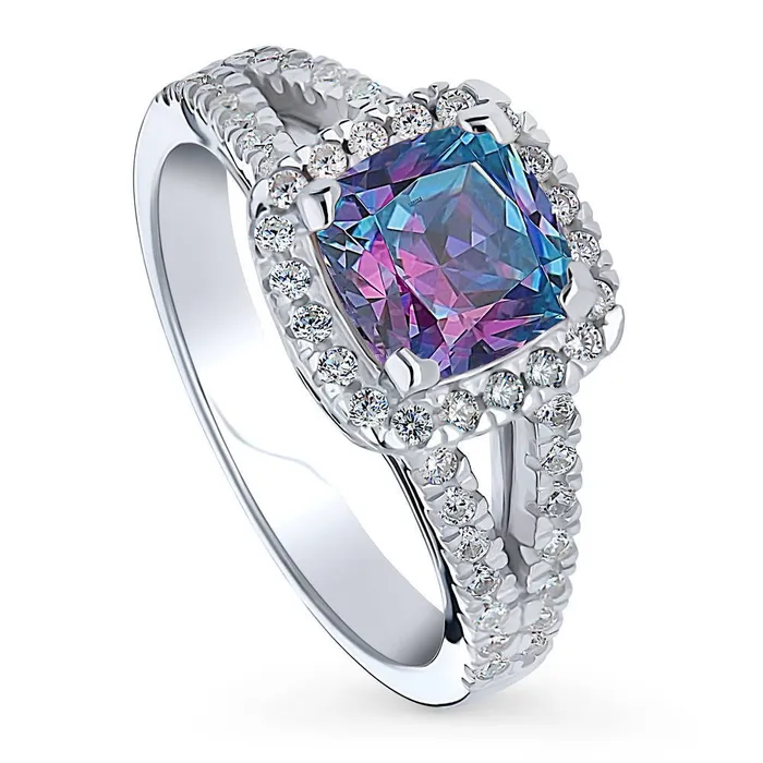 Rings Halo Purple Aqua Cushion CZ Split Shank Ring in Sterling Silver BERRICLE