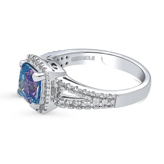 Rings Halo Purple Aqua Cushion CZ Split Shank Ring in Sterling Silver BERRICLE