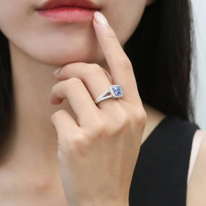 Rings Halo Purple Aqua Cushion CZ Split Shank Ring in Sterling Silver BERRICLE