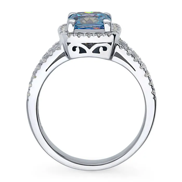 Rings Halo Purple Aqua Cushion CZ Split Shank Ring in Sterling Silver BERRICLE
