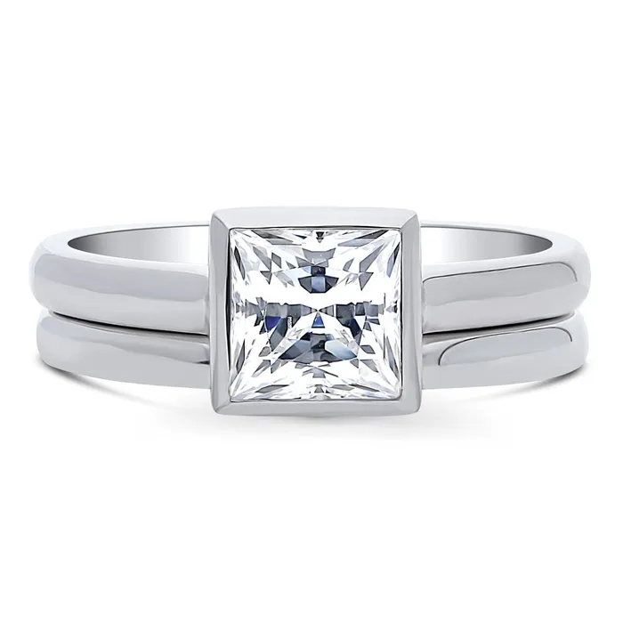 Solitaire 12ct Bezel Princess CZ Ring Set in Sterling Silver BERRICLE Rings Solitaire 12ct Bezel Princess CZ Ring Set in Sterling Silver BERRICLE Rings