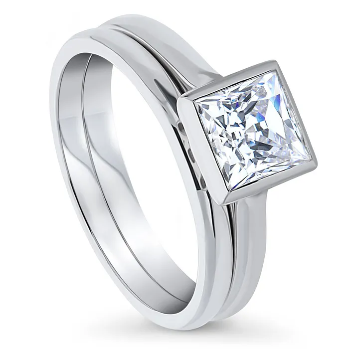 Solitaire 12ct Bezel Princess CZ Ring Set in Sterling Silver BERRICLE Rings