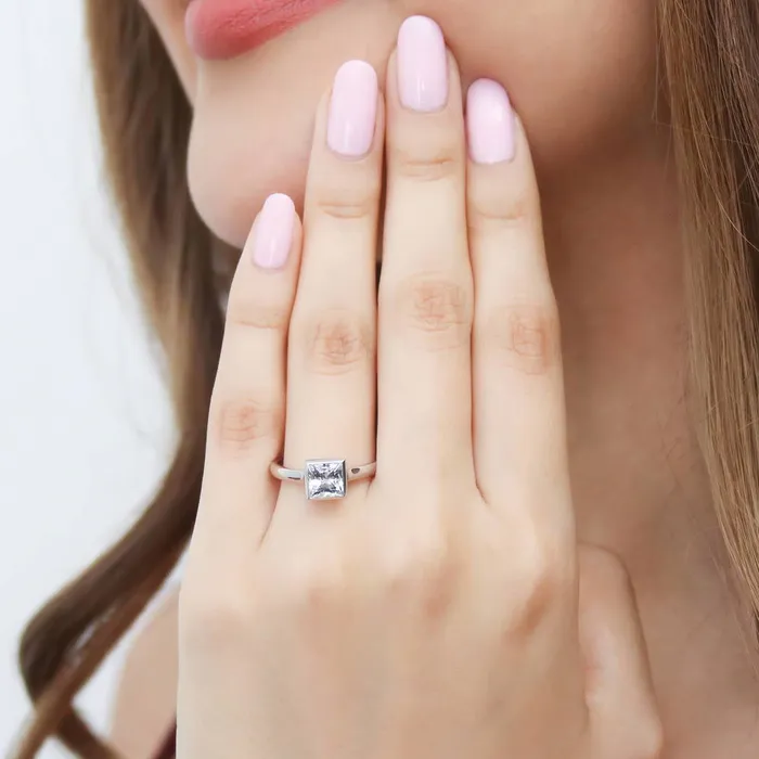 Solitaire 12ct Bezel Princess CZ Ring Set in Sterling Silver BERRICLE Rings